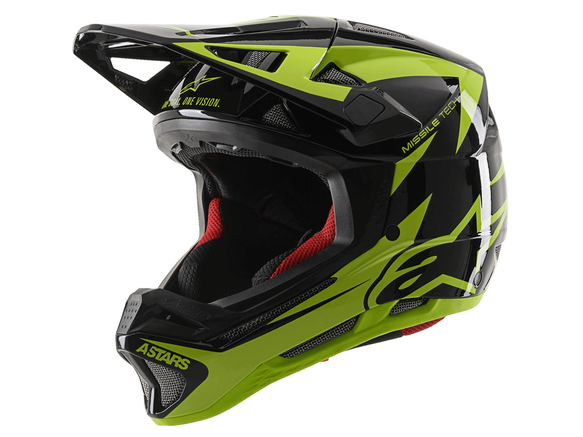 Alpinestars Missile Tech-Air full-face helm, MTB downhill helm, glanzend zwart en fluogeel, voorzien van 22 ventilatieopeningen, 'ASTARS' en 'MISSILE TECH' branding, rode binnenvoering, glanzend aerodynamisch ontwerp