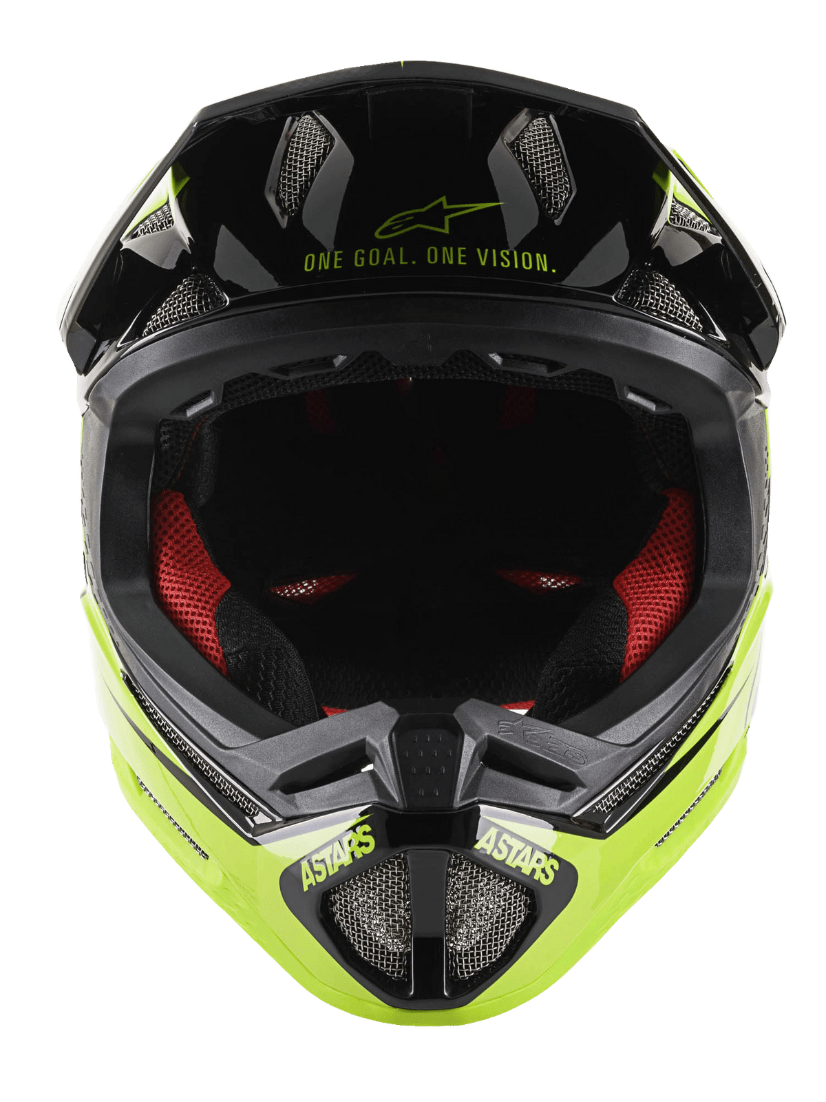 Alpinestars Missile Tech-Air® full face helm, MTB-integraalhelm, zwart en fluogeel glanzend, vooraanzicht met 'One Goal. One Vision.' tekst op de klep, rode binnenvoering, mesh ventilatieopeningen en ASTARS-logo op de kinbeugel