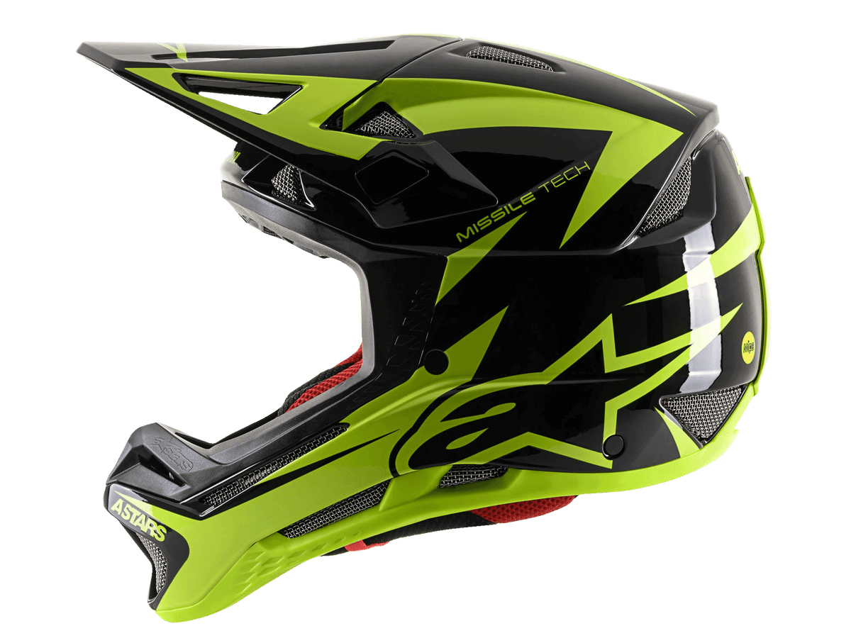 Alpinestars Missile Tech-Air Full Face helm, MTB-integraalhelm, zwart en fluogeel glanzend, zijprofiel met groot geel ster-logo, mesh ventilatieopeningen en aerodynamisch vizier voor downhill mountainbiken