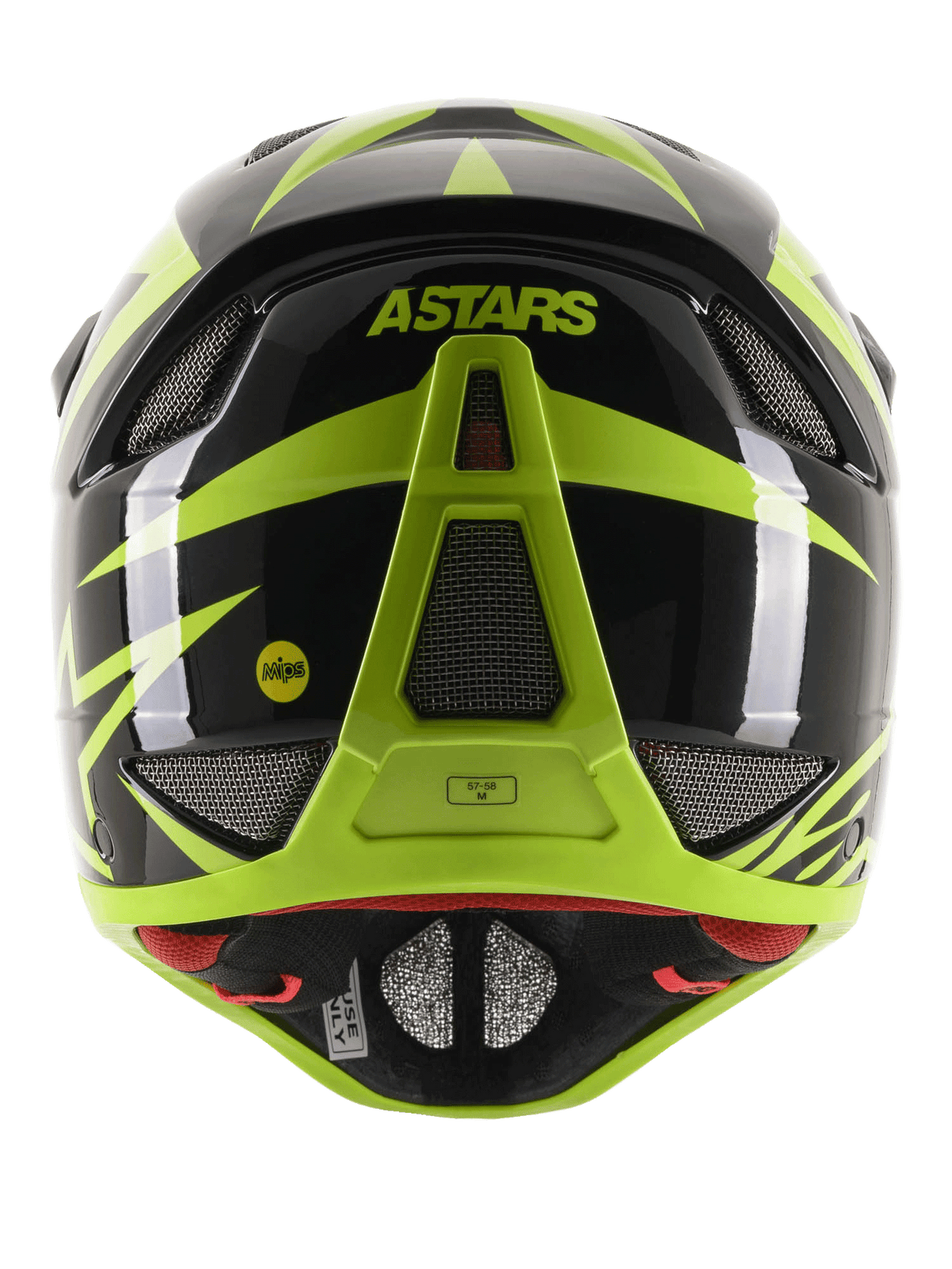 Alpinestars Missile Tech-Air integraalhelm, achteraanzicht, glanzend zwart en fluogeel, voorzien van ASTARS-branding en MIPS-logo, aerodynamisch ontwerp met meerdere ventilatieopeningen bedekt met gaas