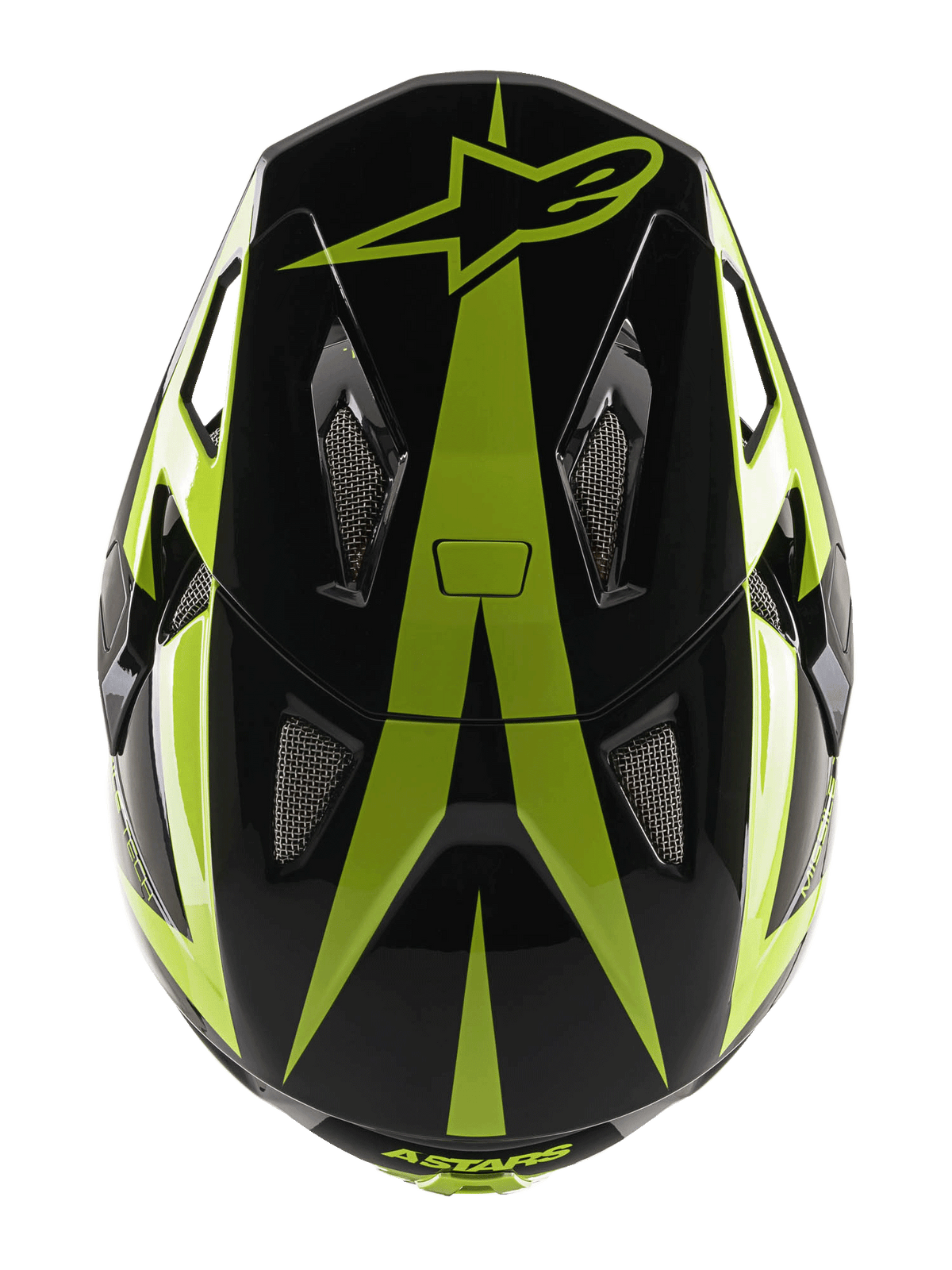 Alpinestars Missile Tech-Air integraalhelm, MTB-helm, zwart en fluogeel glanzend, bovenaanzicht met sterlogo en ventilatieopeningen met gaas
