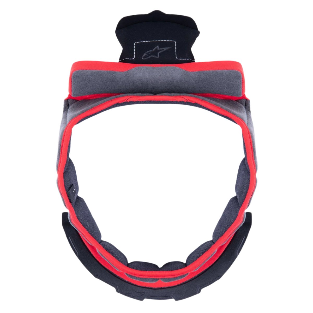 Alpinestars Supertech R10 Crown Pad, grijze vervangende helmvoering, ronde vorm met rode bies en grijze stof, zwarte kunststof bevestigingsonderdelen met Alpinestars-logo, ontworpen voor optimaal comfort en pasvorm van motorhelmen.