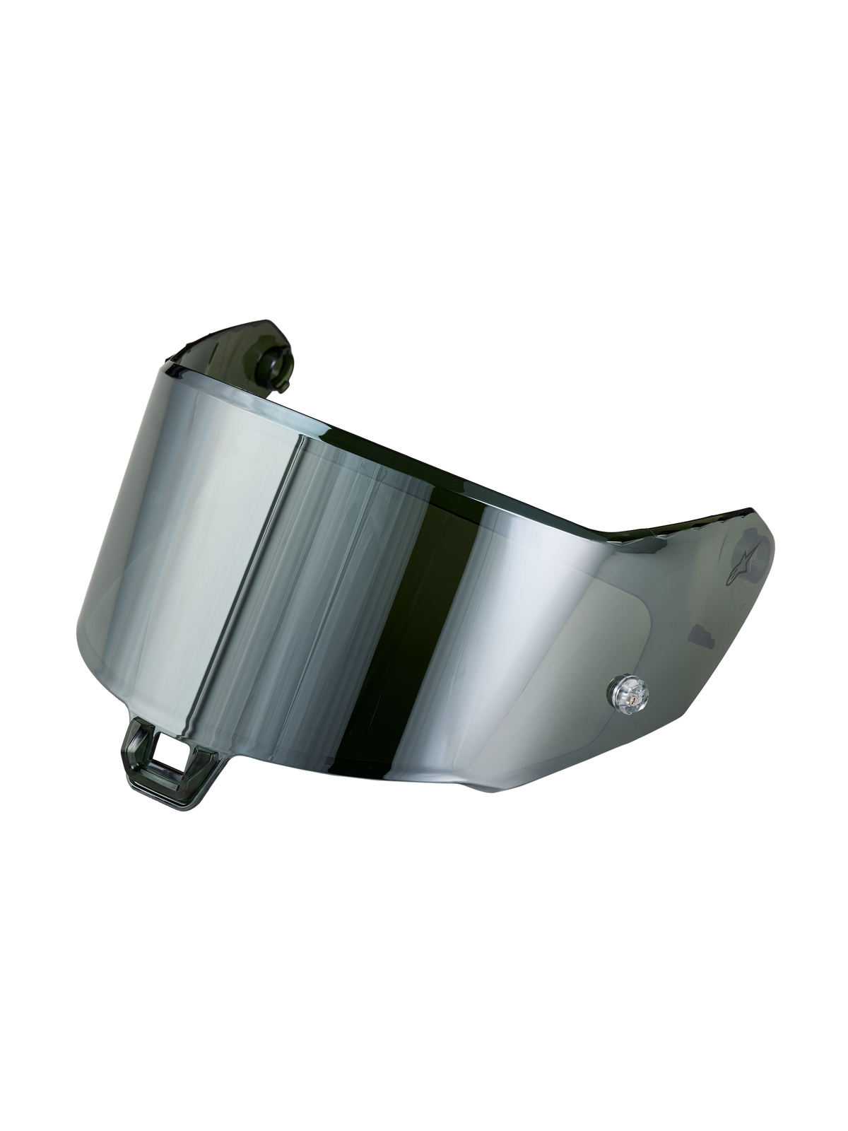 Écran Supertech R-10/R-7 Gen 2.1-R Absolute Vision d'Alpinestars, visière de casque de moto, finition argent miroir, construction en polycarbonate résistante aux chocs, studio sur fond noir