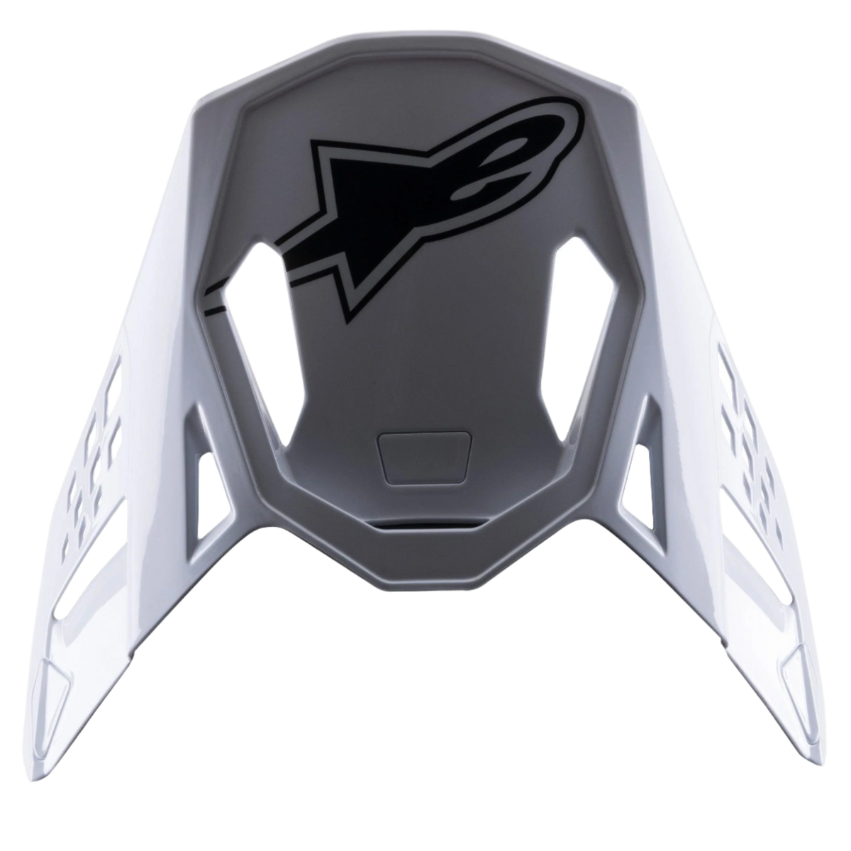 Alpinestars S-M8 Factory Visier, Ersatz-Helmschirm für Motocross-Helme, Weiß mit schwarzem Alpinestars-Logo, glänzende Oberfläche, aerodynamisches Design mit Belüftungsausschnitten