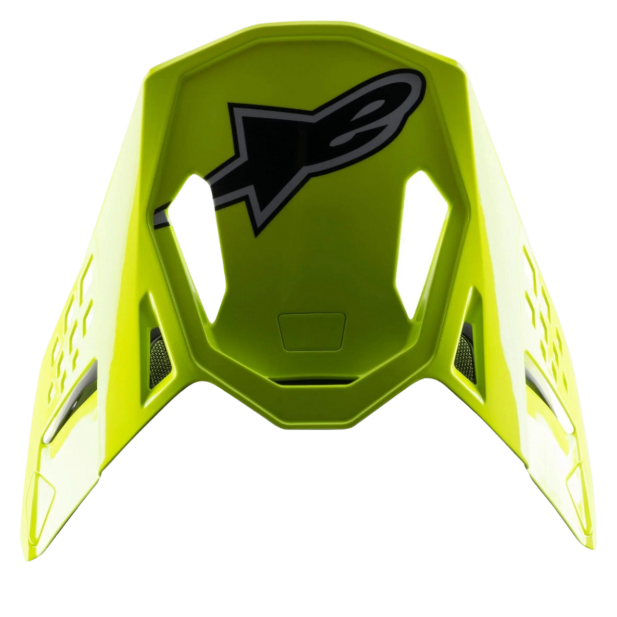 Visière Alpinestars S-M8 Factory, visière de rechange pour casque de motocross, jaune fluo, avec un grand logo Alpinestars noir et gris sur le dessus, finition brillante avec découpes aérodynamiques, accessoire à clipser pour casques Supertech M8
