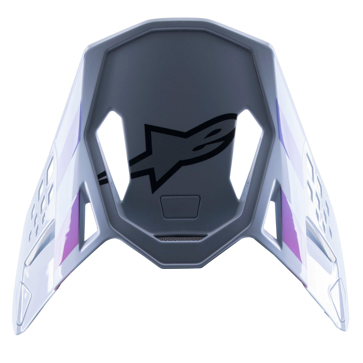 Alpinestars Supertech M10 Daytona 23 LE vizier, vervangende motorcross klep, Haze Gray met paarse en witte accenten, voorzien van een zwart logo aan de onderkant, lichtgewicht geventileerd ontwerp voor MX-racen
