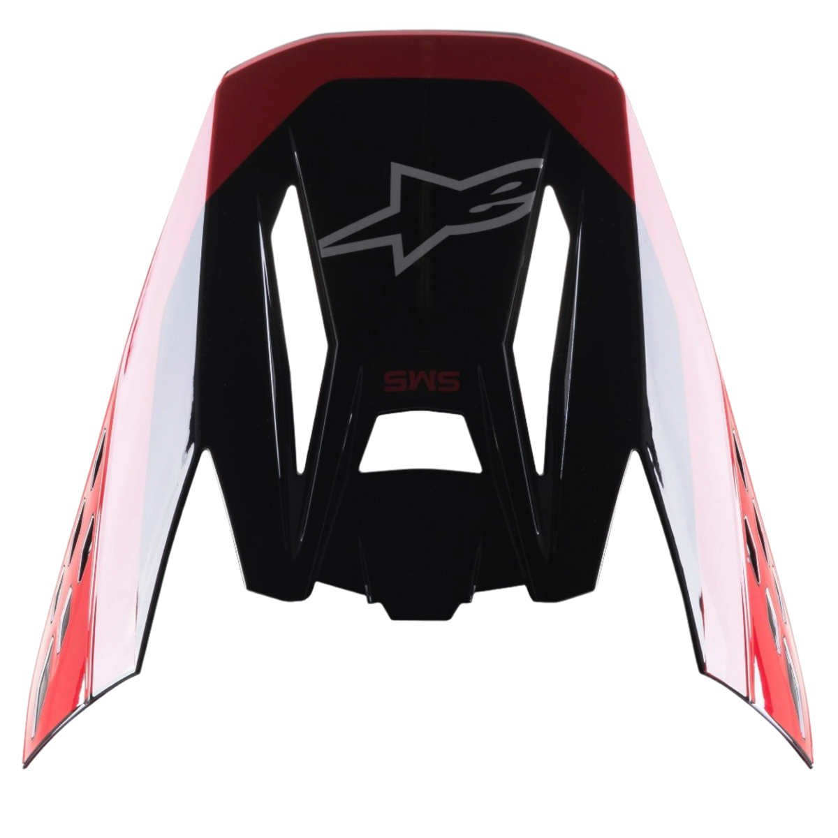 Alpinestars S-M5 Beam Black Red Glossy vizier, vervangend onderdeel voor motorcrosshelmen, glanzende afwerking met rode accenten, voorzien van het Astars-logo en SM5-tekst, ontworpen voor off-road en motorcross