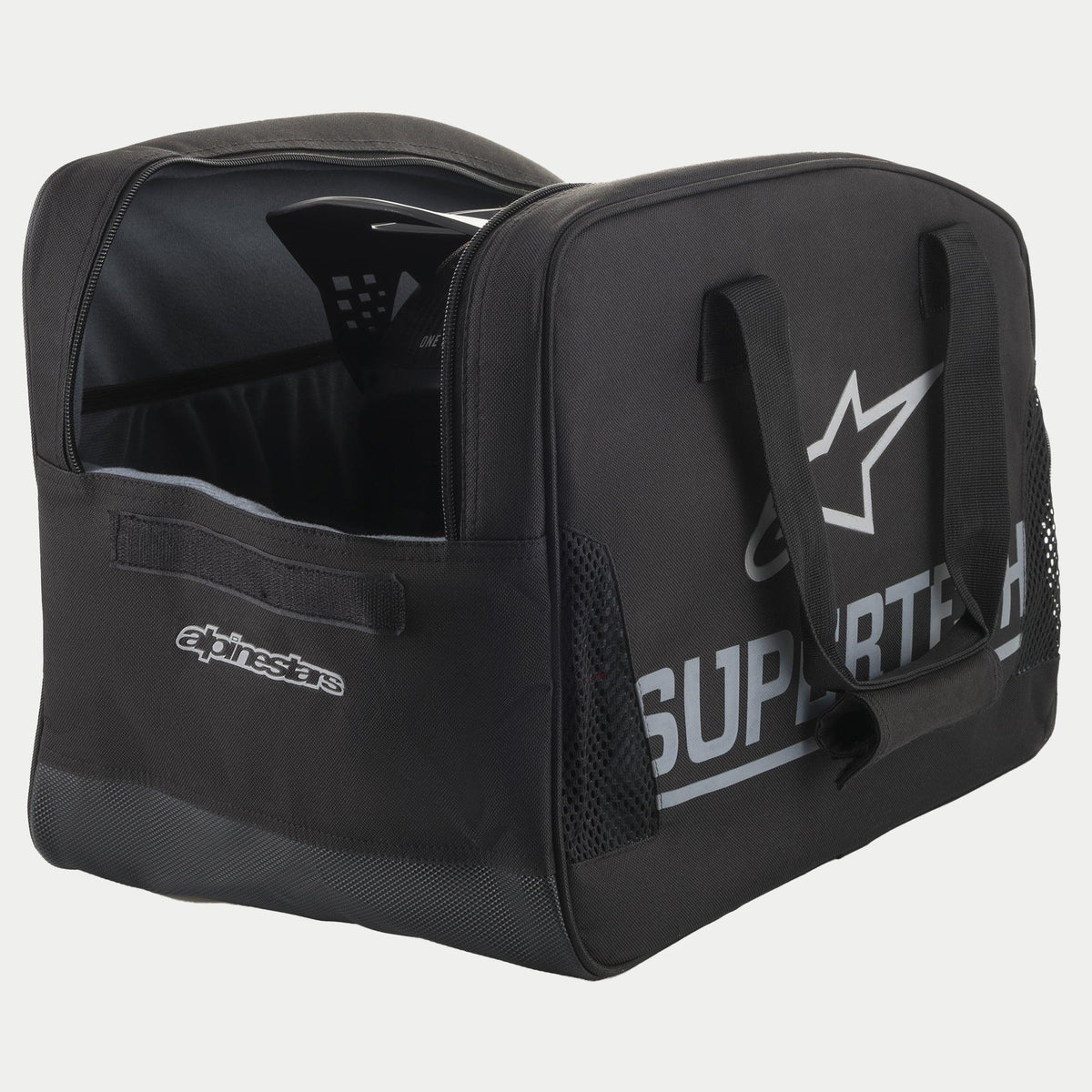 Alpinestars Supertech Semi Rigid helm tas, zwarte motorcross helmtas met zilveren branding, duurzame draaghandgrepen en een veilige semi-stijve constructie