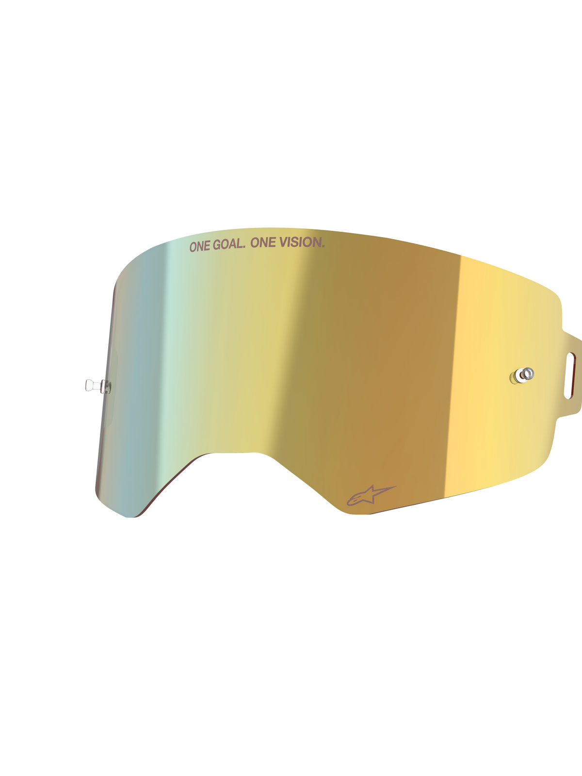 Alpinestars Supertech Mirror Lens, Or miroir, écran de remplacement réfléchissant pour lunettes avec supports tear-off intégrés et inscription 'ONE GOAL. ONE VISION.', accessoire de motocross haute clarté