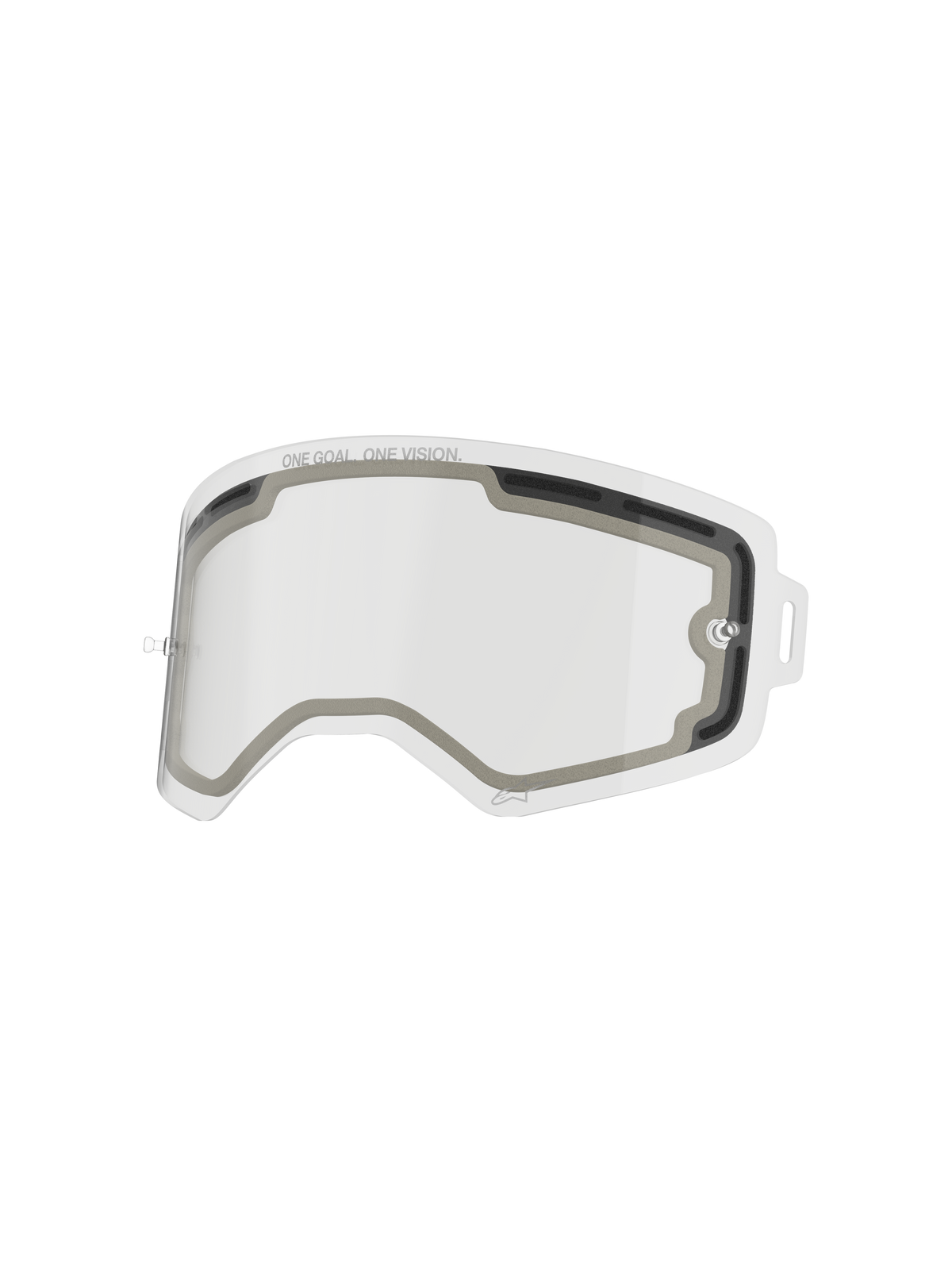 Alpinestars Supertech Doppelscheibe, klare Ersatz-Brillenscheibe, belüftetes Doppelscheiben-Design mit grauer Schaumstoffdichtung, mit dem Schriftzug „ONE GOAL. ONE VISION.“, schlagfestes Polycarbonat für Motocross-Performance