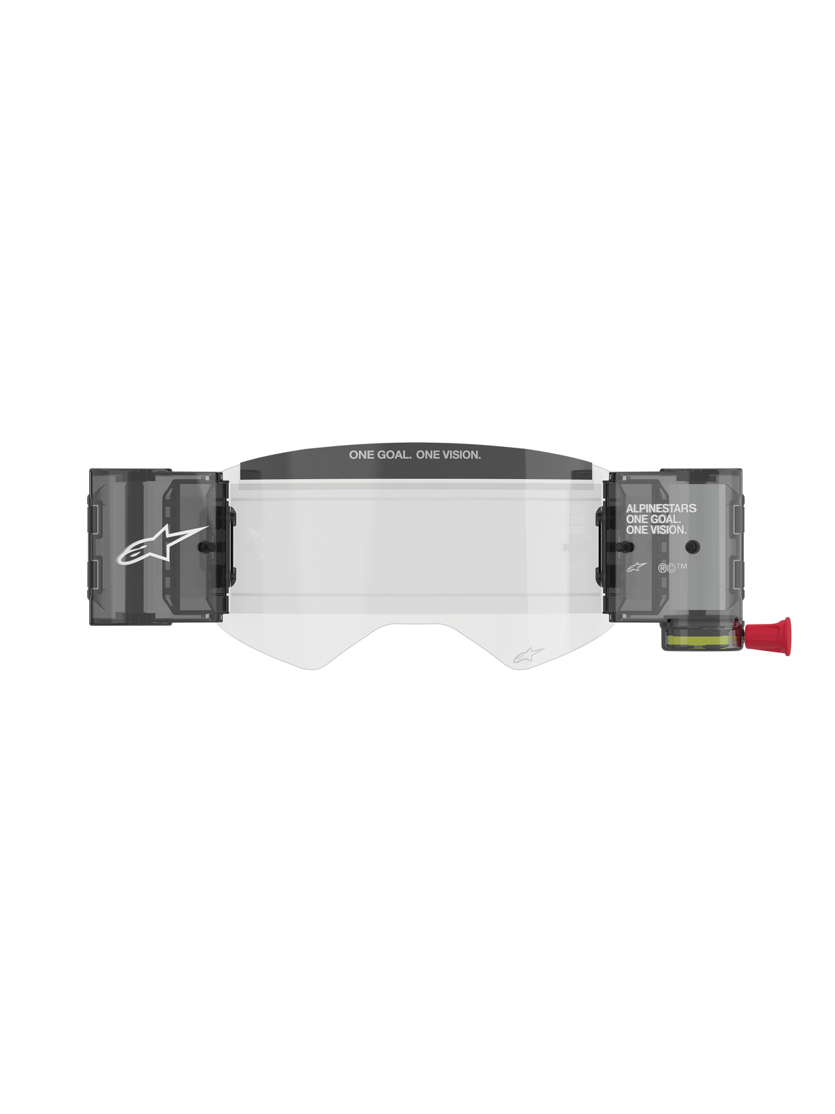 Alpinestars Supertech Roll Off Kit Wide Vision, motorcross bril-accessoire, transparante spuitgegoten lens met geïntegreerde rookkleurige roll-off canisters, voorzien van 'ONE GOAL. ONE VISION.' tekst op de moddervisor en een rode trekknop.