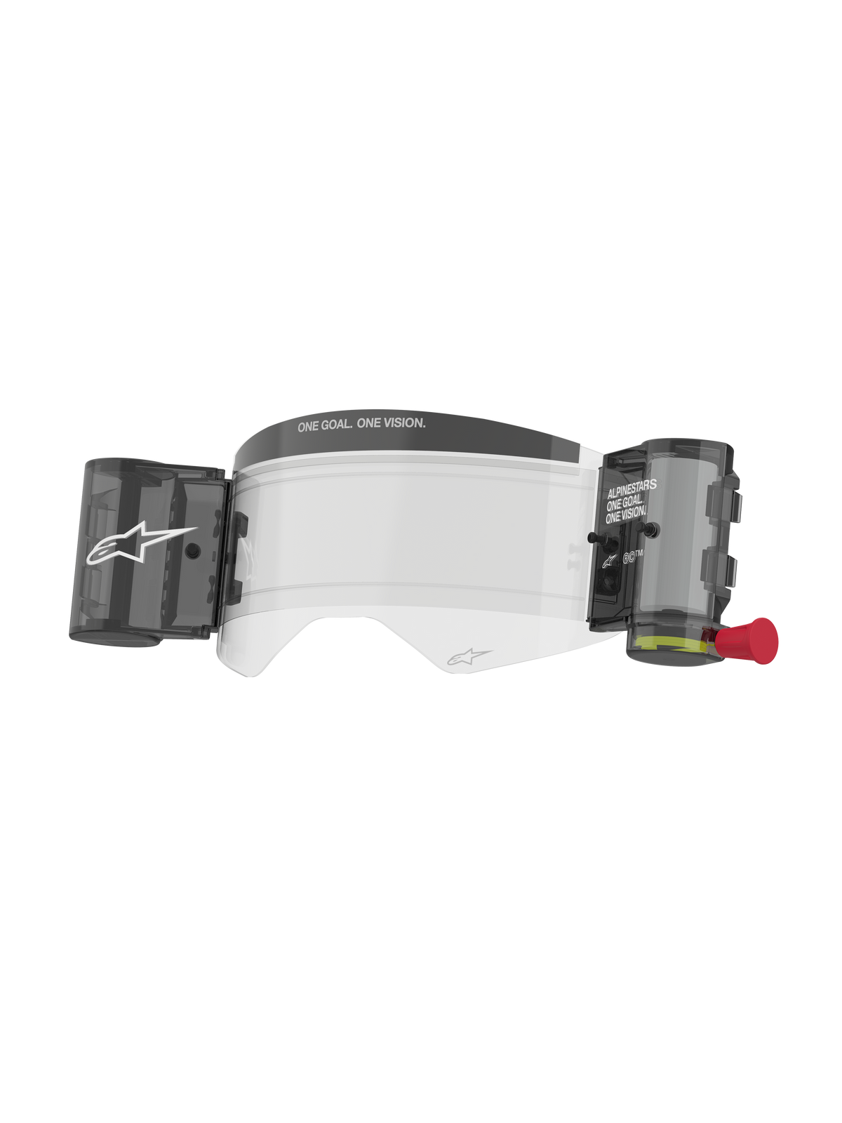 Alpinestars Supertech Roll Off Kit Wide Vision, accessoire voor motorcrossbrillen, transparante anticondenslens met geïntegreerd roll-off filmsysteem, zwarte canisters en rode treklip, voorzien van ONE GOAL ONE VISION-branding, slagvast polycarbonaat voor off-road racen