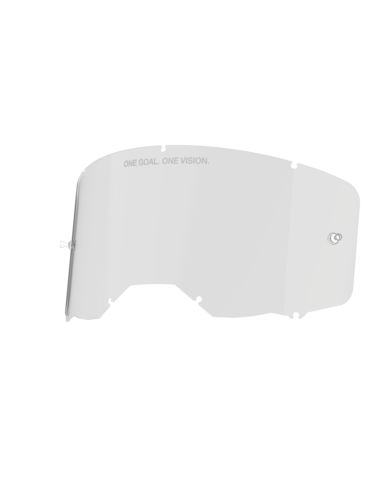 Lentille Alpinestars Vision 8-5-3, écran de masque transparent, avec supports de tear-off intégrés et sept encoches de verrouillage, texte « ONE GOAL. ONE VISION. » sur le bord supérieur, construction durable en polycarbonate pour lunettes de motocross