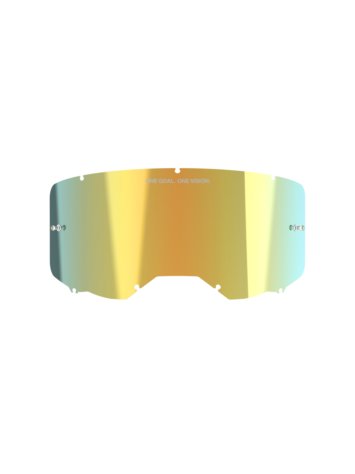Alpinestars Vision 8-5-3 Mirror Lens, motorcrossbril accessoire, Mirror Gold, reflecterende metallic afwerking met 'ONE GOAL. ONE VISION.' tekst, geïntegreerde tear-off posts, zeven-sleutelgat vergrendelingssysteem, hoogwaardig polycarbonaat voor off-road racing