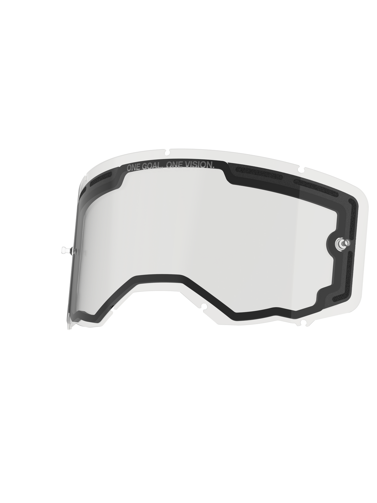 Alpinestars Vision 8-5-3 Lens Dual Pane, heldere vervangingslens voor crossbril, voorzien van dubbelwandige constructie met ventilatieopeningen en schuimvoering, geïntegreerde tear-off posts en zevenpunts sleutelgatvergrendelingssysteem, 'ONE GOAL. ONE VISION.' op de bovenrand