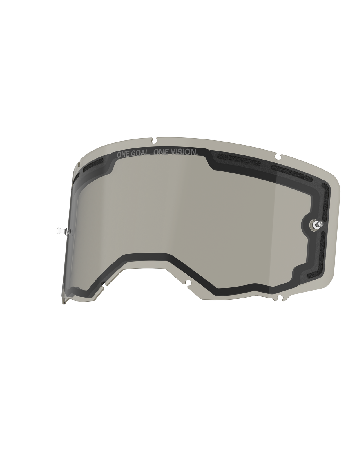Alpinestars Vision 8-5-3 Dual Pane Lens, Smoke color, replacement goggle lens with vented dual-pane construction, integrated tear-off posts and 'ONE GOAL. ONE VISION.' branding, designed for motocross and off-road riding