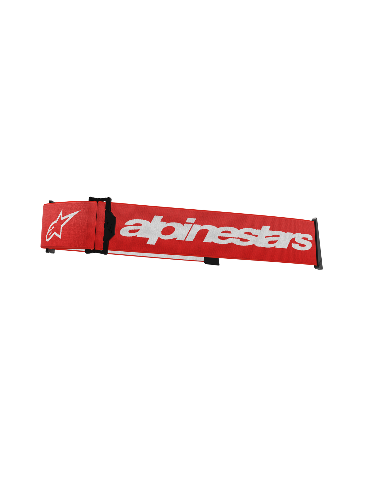 Sangle pour masque Alpinestars Supertech, rouge et blanc, bandeau de rechange pour lunettes de motocross avec marquage blanc imposant, fixations noires à clip et coin ISP intégré pour le positionnement sur le casque