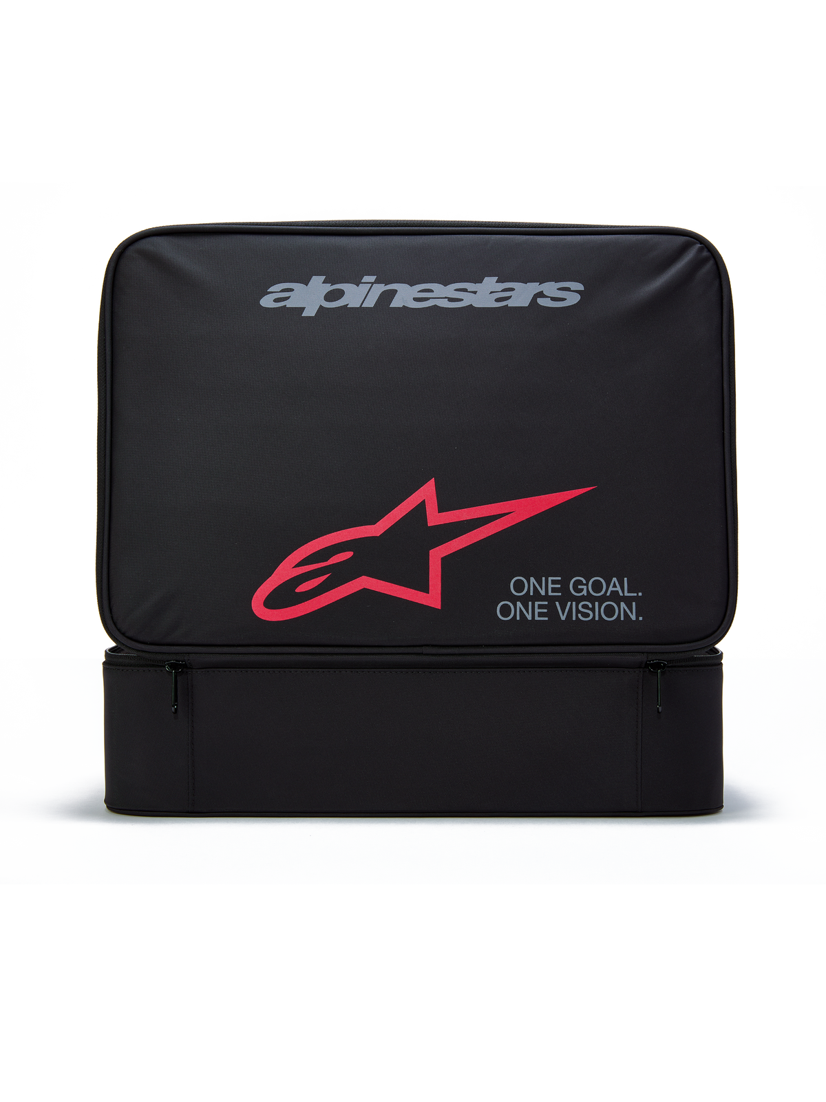 Alpinestars Supertech Vision Goggles Case, Black rectangular storage bag for motocross goggles, featuring grey Alpinestars logo, red A-star symbol, and "ONE GOAL. ONE VISION." text, durable polyester construction with zippered front pocket