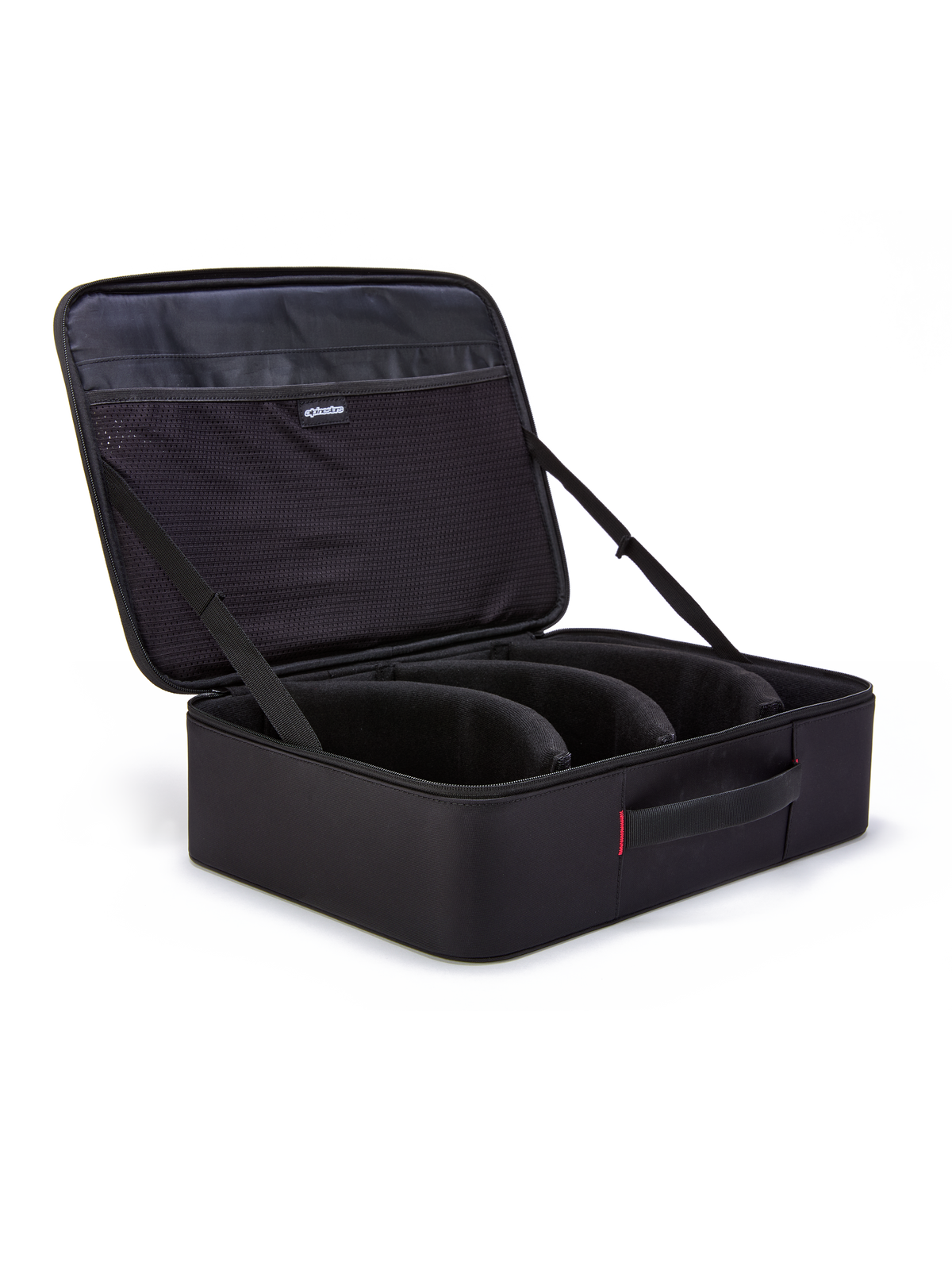 Alpinestars Supertech Vision Goggles Case, Black, open briefcase-style organizer for motocross goggles, featuring pre-curved modular dividers and mesh pockets on the lid, padded handle, durable construction for off-road gear storage