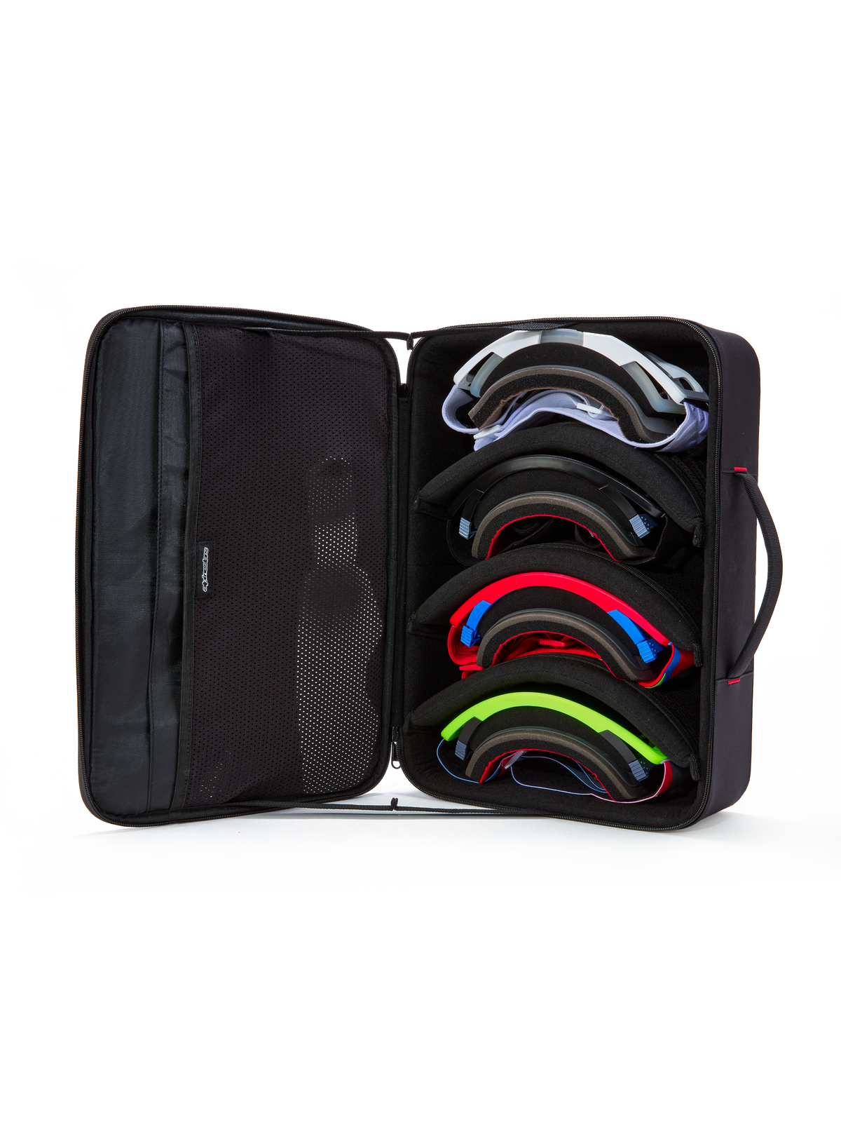 Alpinestars Supertech Vision Goggles Case, Black, open view displaying internal storage for four pairs of colorful motocross goggles, featuring modular dividers and mesh lid pockets, structured briefcase design for eyewear protection