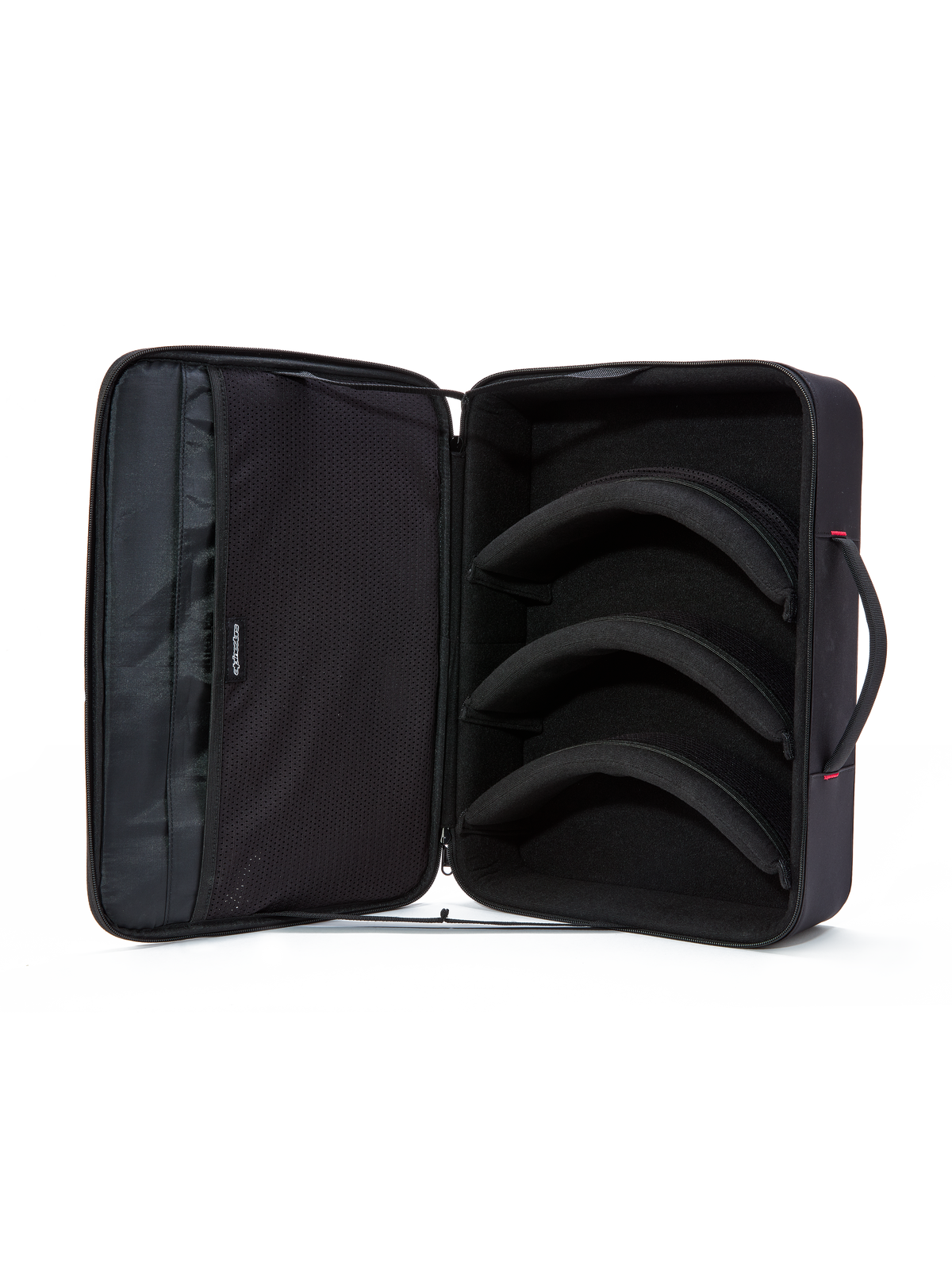 Alpinestars Supertech Vision Goggles Case, Black, open interior view, three modular pre-curved dividers for lens and goggle storage, soft mesh lid pockets for accessories, horizontal briefcase-style design with a padded handle, protective motocross gear organizer