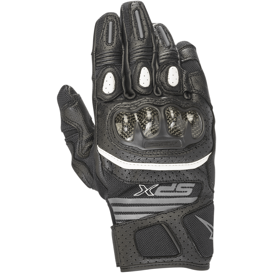 Alpinestars Women's SPX Air Carbon V2 Gloves, Black and Anthracite, short-cuff motorcycle gloves with carbon fiber knuckle protection, perforated leather and mesh panels for airflow, white accent stripe, and SPX branding.