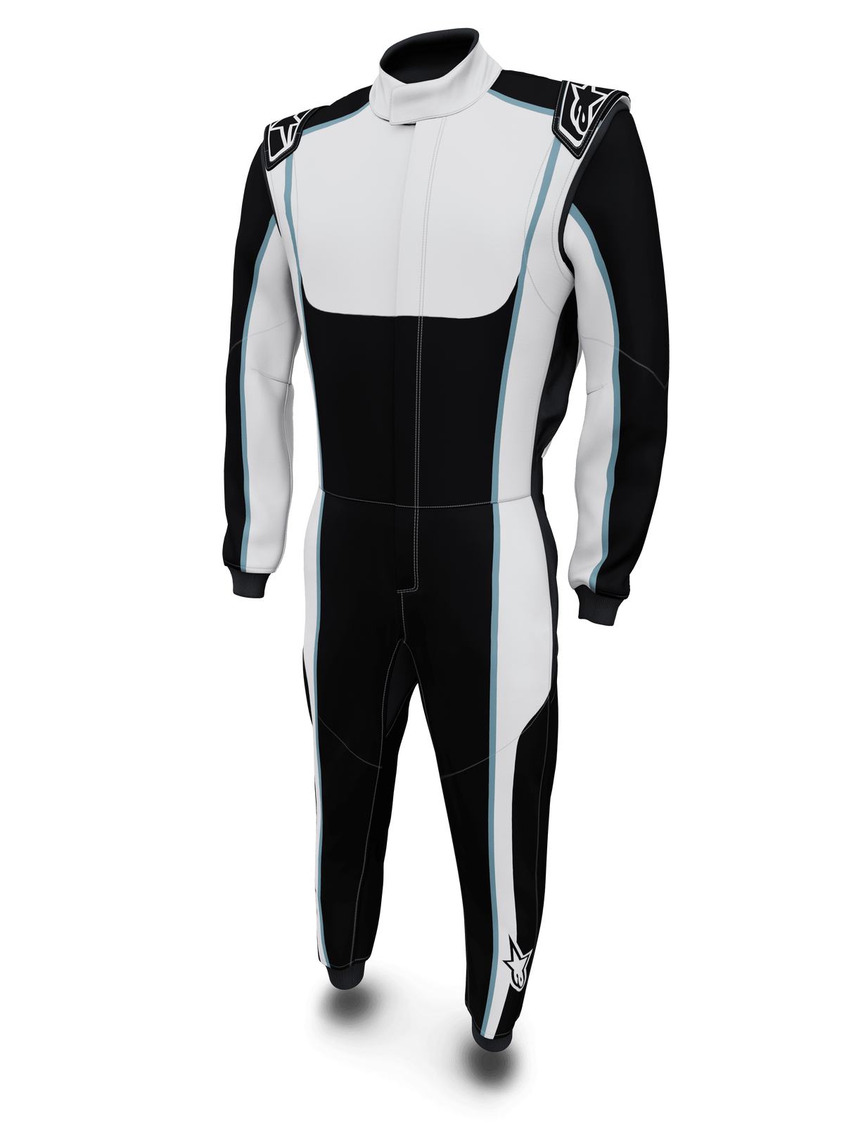 Alpinestars Tech Vision V3 maatwerkpak, zwart en wit autoracepak met blauwe accenten, FIA-gecertificeerd Nomex.
