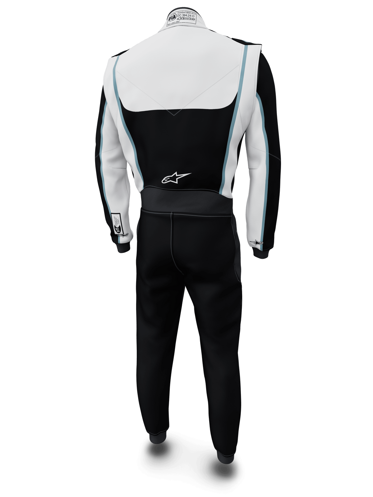 Alpinestars Tech Vision V3 Custom Suit, autoracepak, wit en zwart met lichtblauwe accenten, achteraanzicht, met Alpinestars-logo op de onderrug en FIA-certificeringslabel op de kraag, professionele brandvertragende racekleding met Nomex-constructie