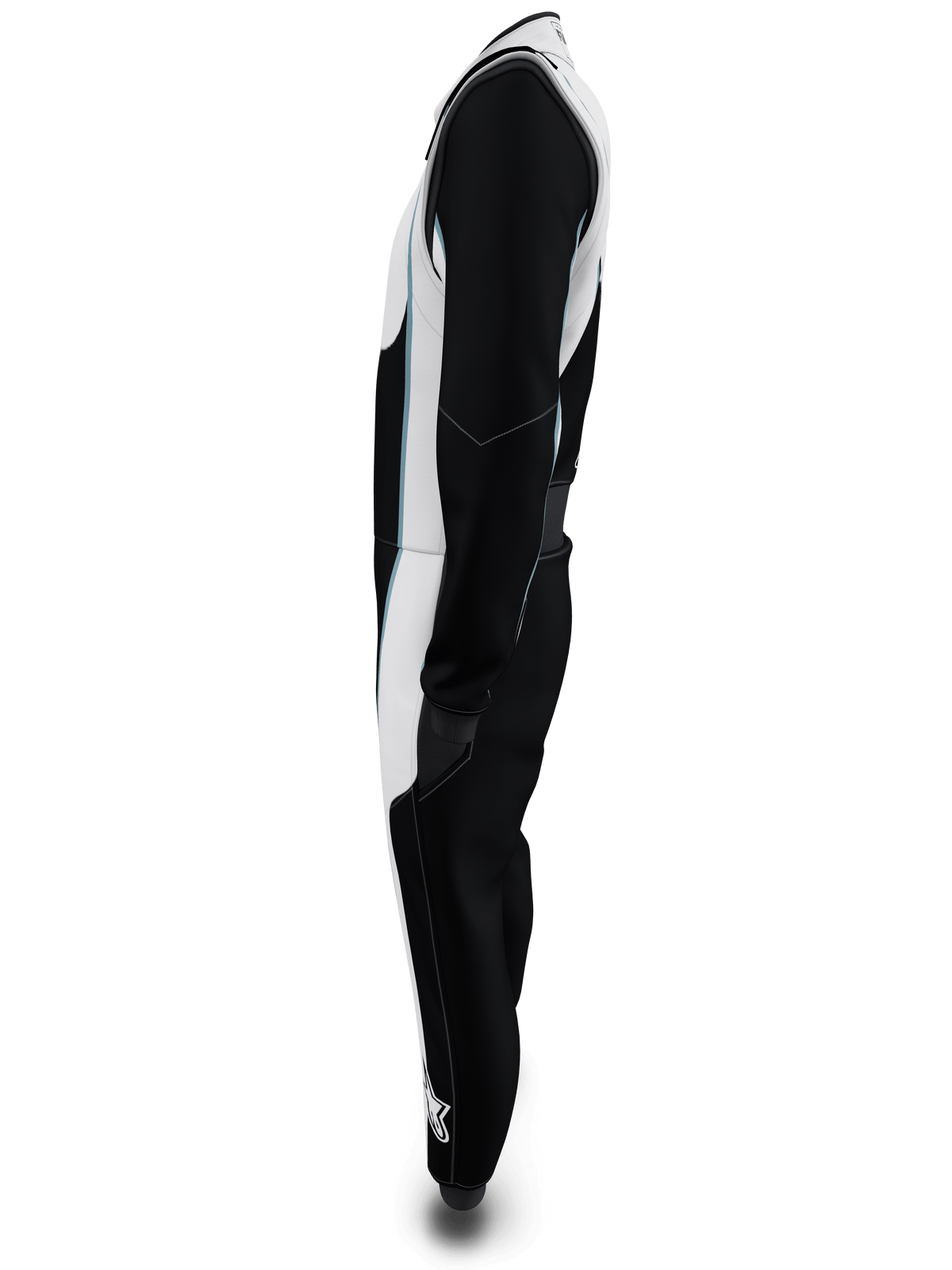 Alpinestars Tech Vision V3 Maatwerkpak, zijprofiel, zwart en wit met lichtblauwe accenten, professioneel FIA en SFI gecertificeerd autoracepak, lichtgewicht Nomex-constructie
