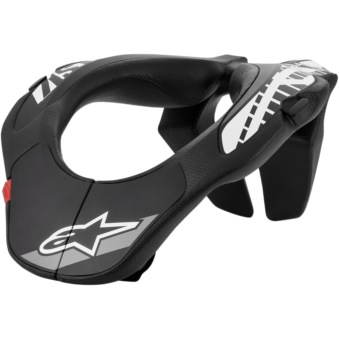 Alpinestars Youth Neck Support, motorcross nekbrace, zwart met witte graphics en rode tab, ergonomisch ontwerp met gestructureerd oppervlak, beschermingsuitrusting voor de jeugd