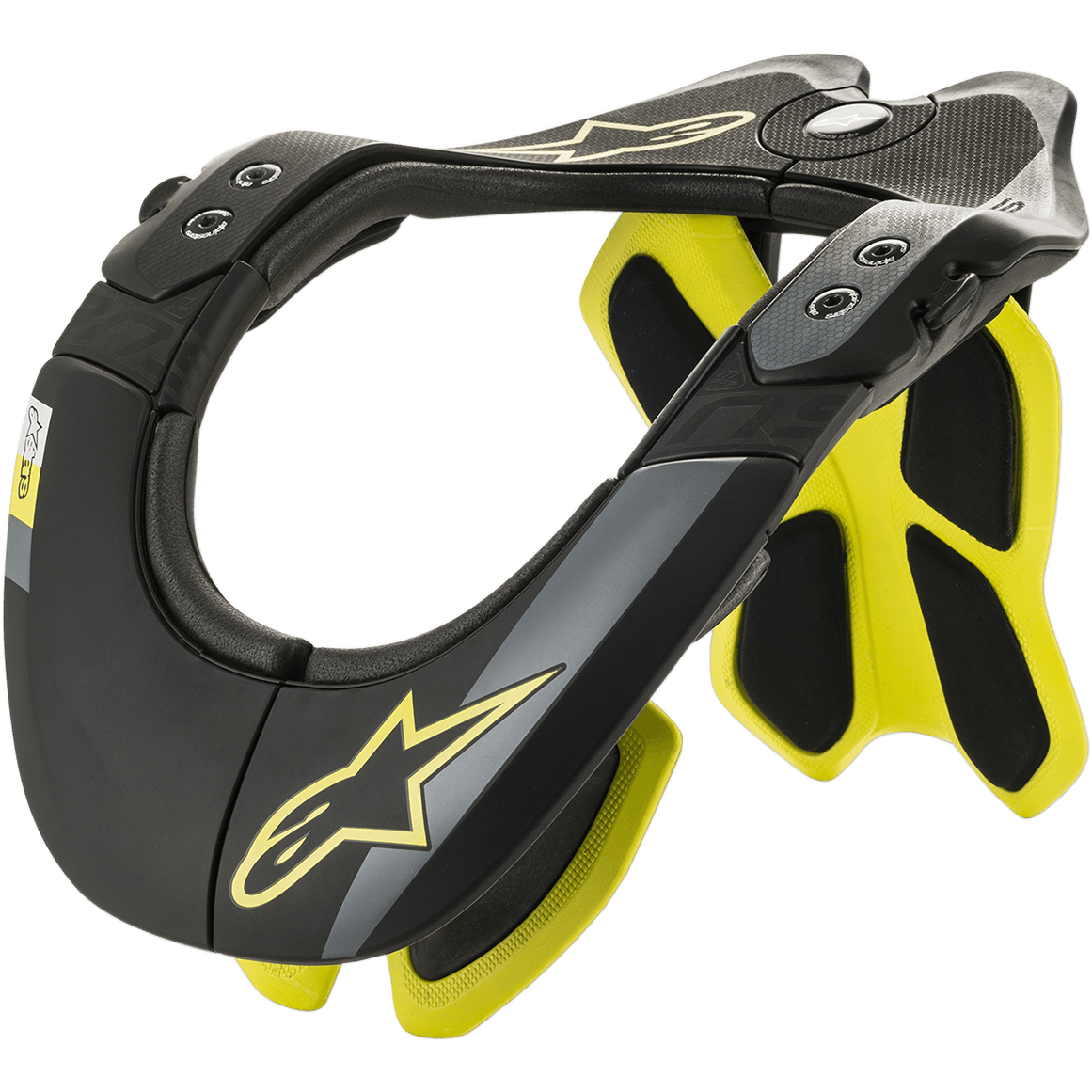 Alpinestars BNS Tech 2, protection cervicale de moto, noir et jaune fluorescent, cadre ergonomique en polymère de carbone avec intérieur rembourré, détails du logo étoile, protection pour motocross et tout-terrain