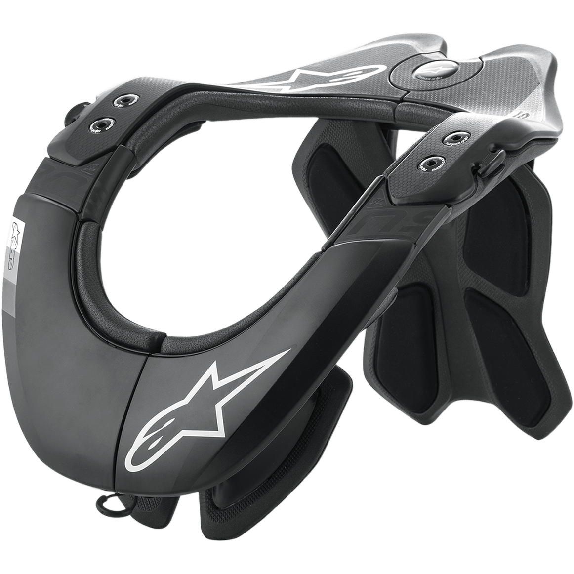 Alpinestars BNS Tech 2 Neck Support, motorcross nekbrace, zwart en cool gray, carbon polymeer frame met carbon fiber textuur, witte Alpinestars sterlogo's, met een ergonomische achterstabilisator en gevoerde vulling, professionele off-road racebescherming