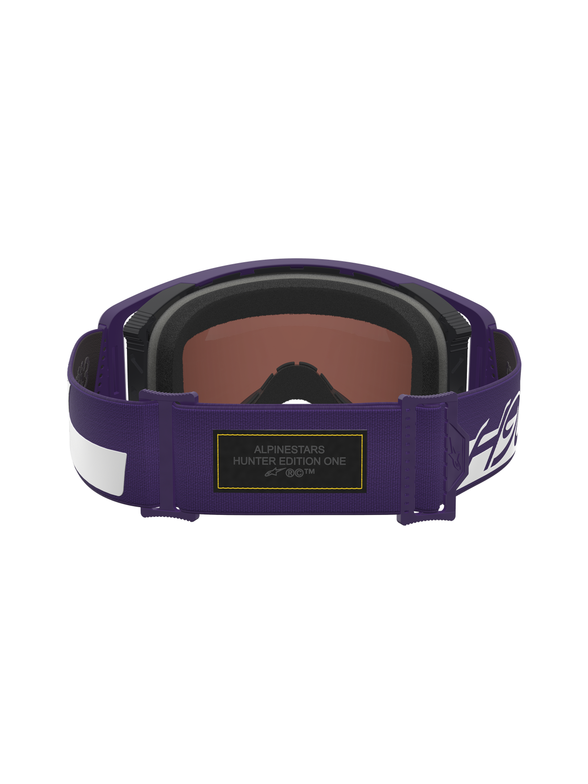 Alpinestars Limited Edition HUNTA96 XXV Supertech Vision Goggles, Lila und Weiß, Rückansicht des verstellbaren Brillenbands mit schwarzem Alcantara-Aufnäher, gelben Kontrastnähten und Hunter Edition One Branding, hochwertige Motocross-Brille inspiriert vom Porsche GT3RS