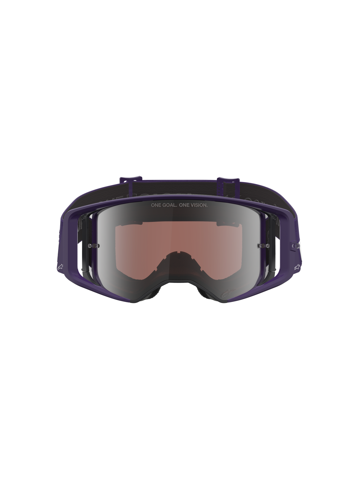 Alpinestars Limited Edition HUNTA96 XXV Supertech Vision Goggles, Motocross-Brille, Lila und Weiß mit silbernem Spiegelglas, Vorderansicht mit reflektierendem Glas und dem Schriftzug „ONE GOAL. ONE VISION.“, weites peripheres Rahmendesign für den Offroad-Rennsport