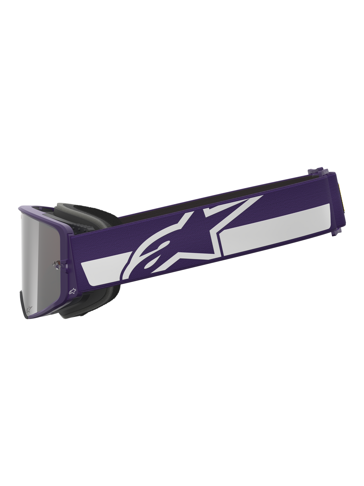 Alpinestars Limited Edition HUNTA96 XXV Supertech Vision Brille, Motocross-Brille, Lila und Weiß, Seitenprofil mit breitem lila Band, weißem Alpinestars Stern-Logo und Streifen, silber verspiegeltes Glas, Hochleistungs-Offroad-Brille