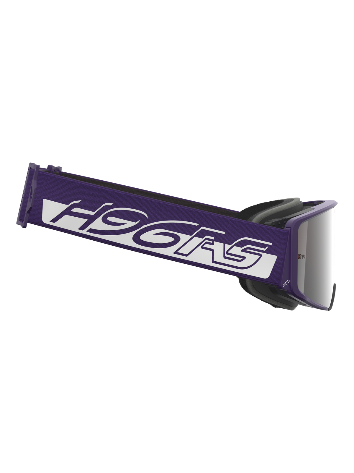 Alpinestars Limited Edition HUNTA96 XXV Supertech Vision Brille, Motocross-Brille, Lila und Weiß mit silbernen Spiegelgläsern, breites lila Band mit weißem H96RS-Branding und GT3-inspiriertem Design