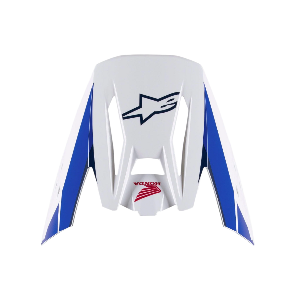 Visière Alpinestars Honda S-M5, visière de rechange pour casque, finition brillante blanc, bleu et rouge, présentant des panneaux latéraux bleus avec logos Alpinestars bleu marine et Honda rouges, accessoire pour casque de motocross