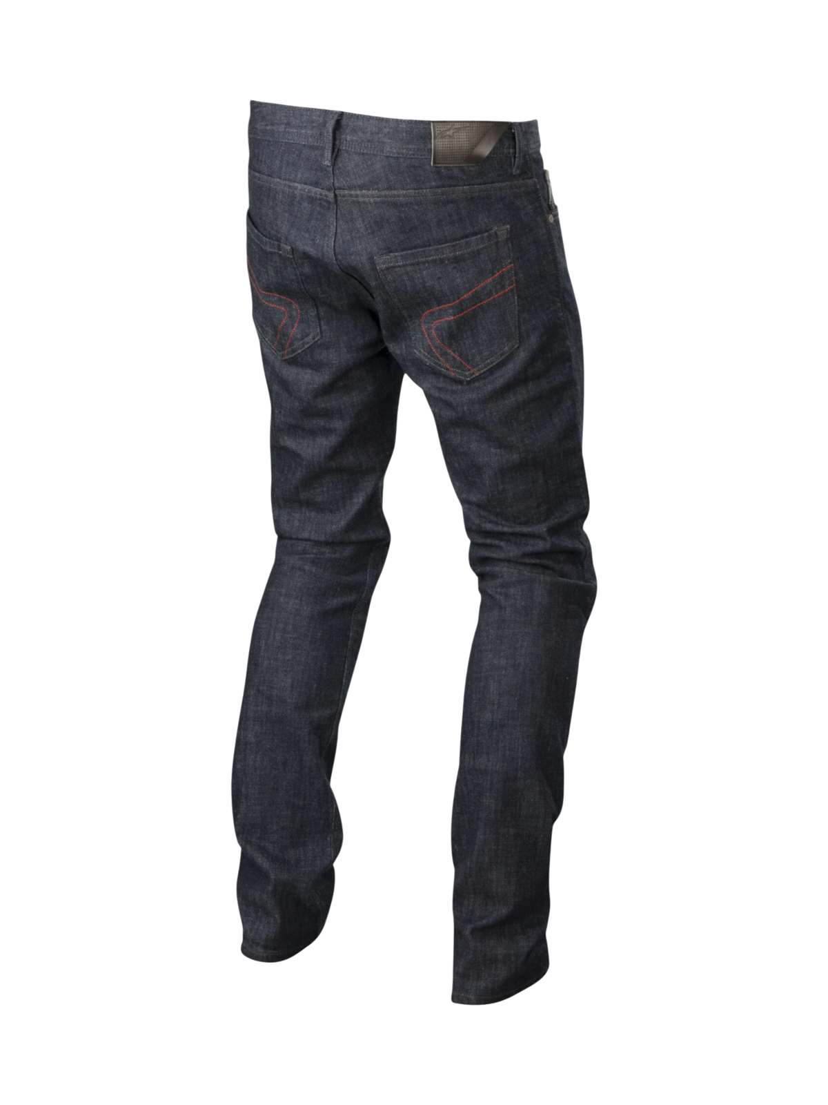 Alpinestars Copper Denim Broek, herenmotorjeans voor urban riding in donkerblauw met rood stiksel op de achterzakken en aramideversterking.