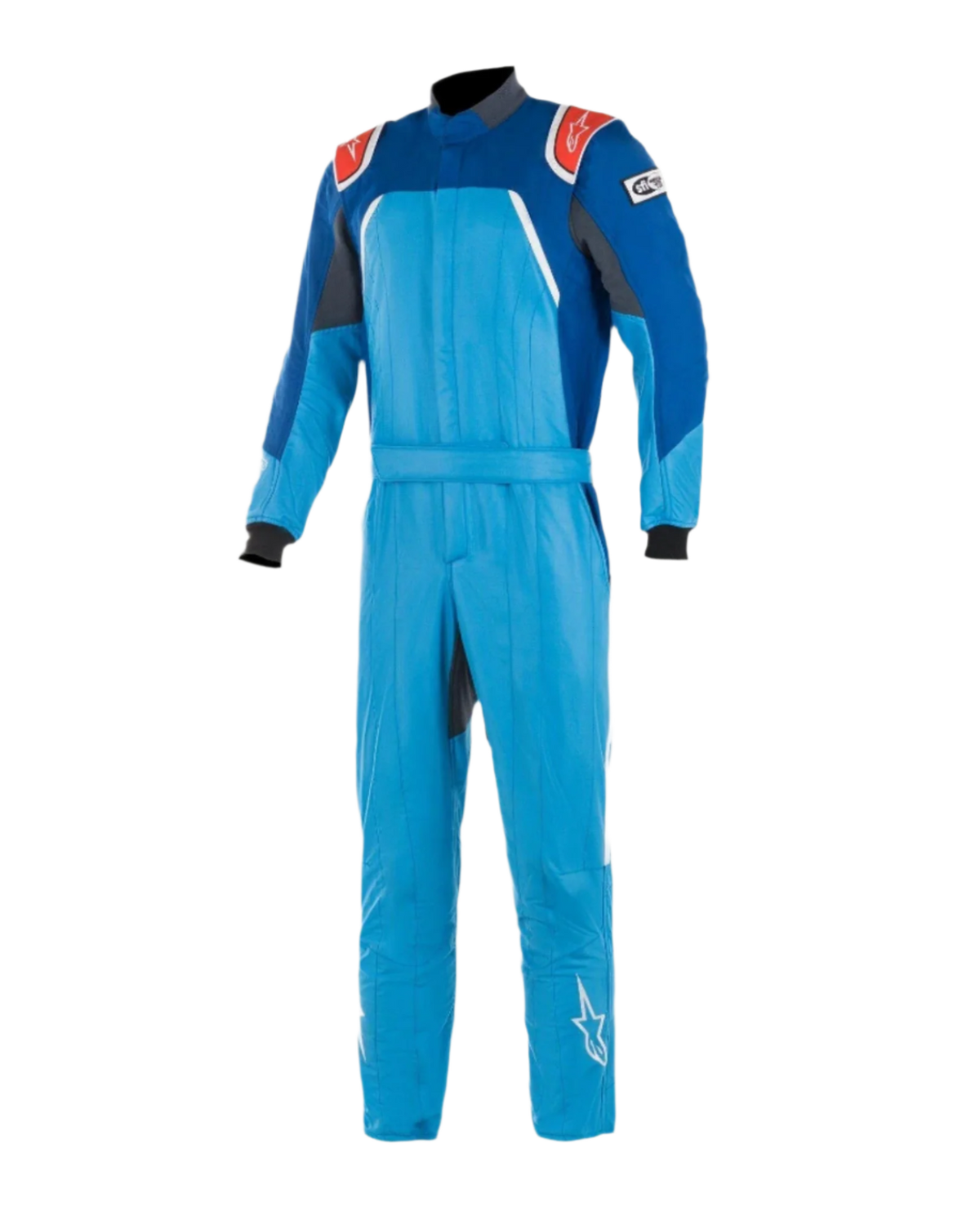 Alpinestars GP Pro Comp Bootcut Suit FIA, autoracepak, kobaltblauw en koningsblauw met rode accenten, rode schouder-epauletten met witte logo's, zwarte polsmanchetten en bootcut-pijpen, meerlaagse aramideconstructie voor circuitracen