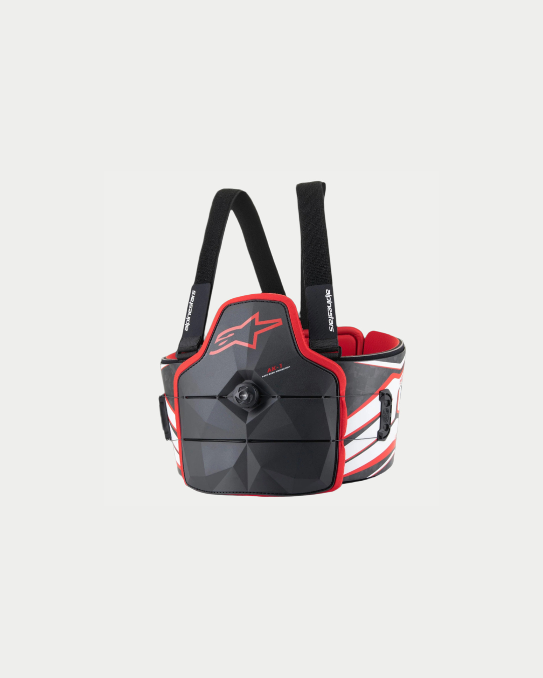 Protection corporelle Alpinestars AK-1 Kart, protection de carrosserie de karting, noir, blanc et rouge, dotée d'une plaque pectorale structurée avec une molette de fermeture centrale à lacet rapide, un logo Alpinestars rouge et des bretelles noires réglables, conception ergonomique pour la course de karting