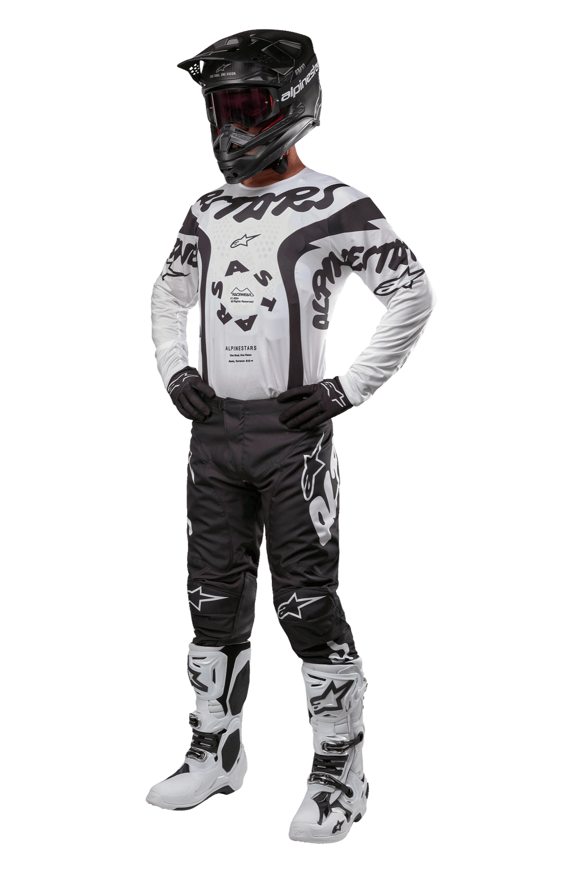 Alpinestars 2024 Racer Hana Motocross-Komplettausrüstung, Schwarz und Weiß, mit Trikot, Hose, Helm, Handschuhen und Stiefeln, professionelles Offroad-Design