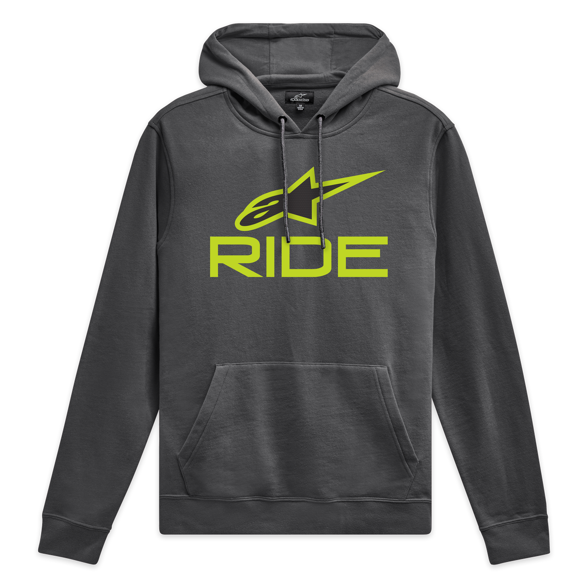 Alpinestars Sweat À Capuche Ride V 3, sweat à capuche polaire gris anthracite avec logo Ride vert citron sur la poitrine et cordon de serrage assorti, style sportswear