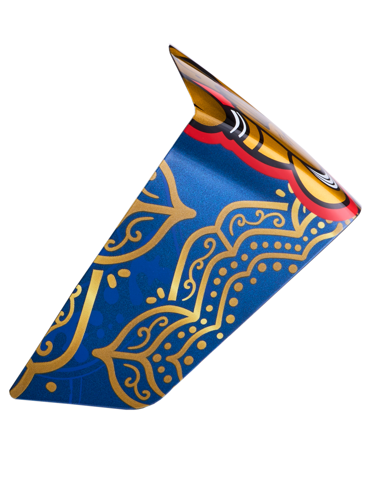 Alpinestars Supertech R10 Martinator Thai Race Spoiler in glanzend blauw en goud met verfijnde patronen en rode accenten.