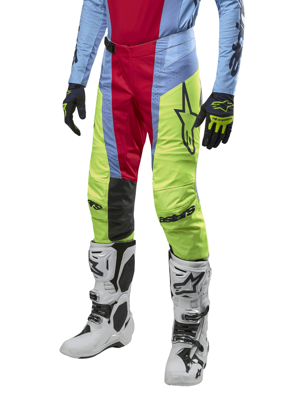 Alpinestars 2024 Techstar Ocuri Pants, Motocross Pants, Light Blue, Red Berry, and Neon Yellow, worn with matching gear and white boots, featuring bold Astars branding and a performance racing fit.