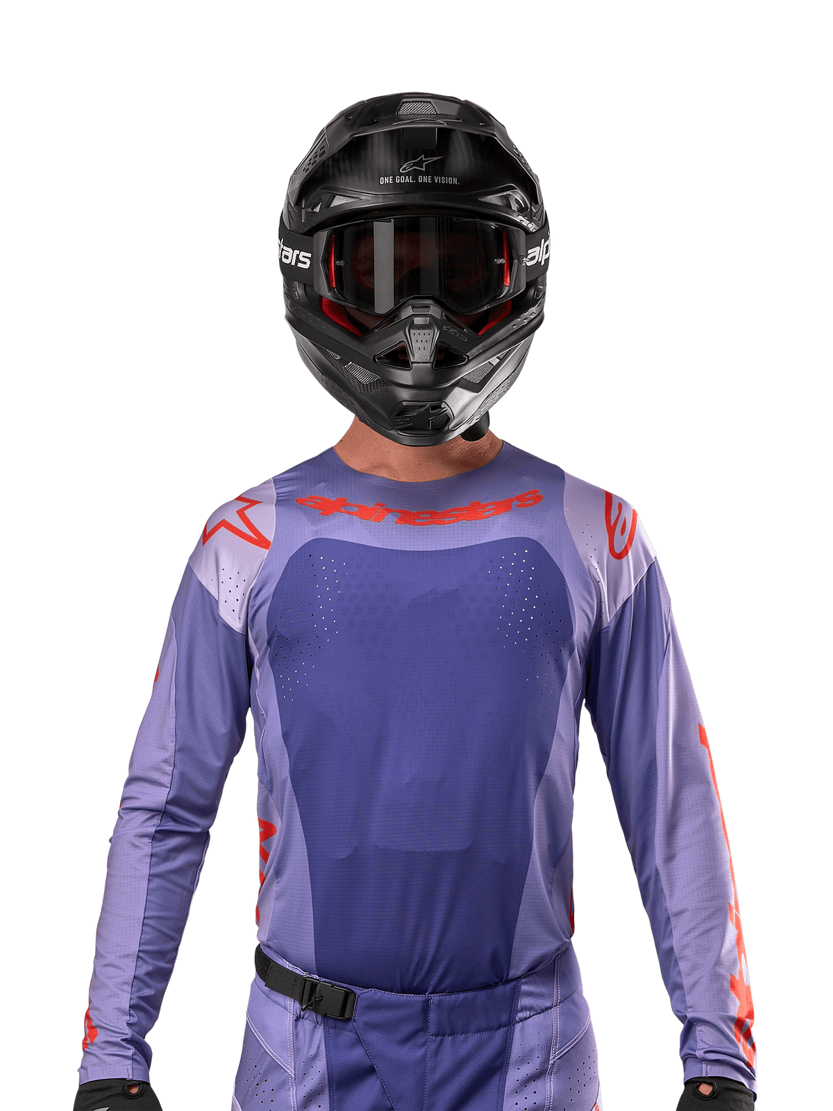 Alpinestars 2024 Techstar Ocuri Jersey, Purple and Hot Orange, worn by a motocross rider with a black helmet and goggles, featuring laser-cut perforations on the chest, athletic race fit, and bold red branding on the shoulders and chest.