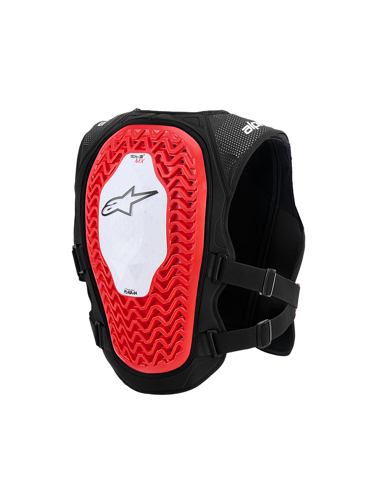 Alpinestars Tech-Air® MX System, gilet airbag tout-terrain autonome, vue arrière montrant une large protection dorsale Nucleon PLASMA rouge à structure alvéolaire, panneau central blanc avec logo étoile noir, châssis en maille noire respirante et sangles latérales réglables