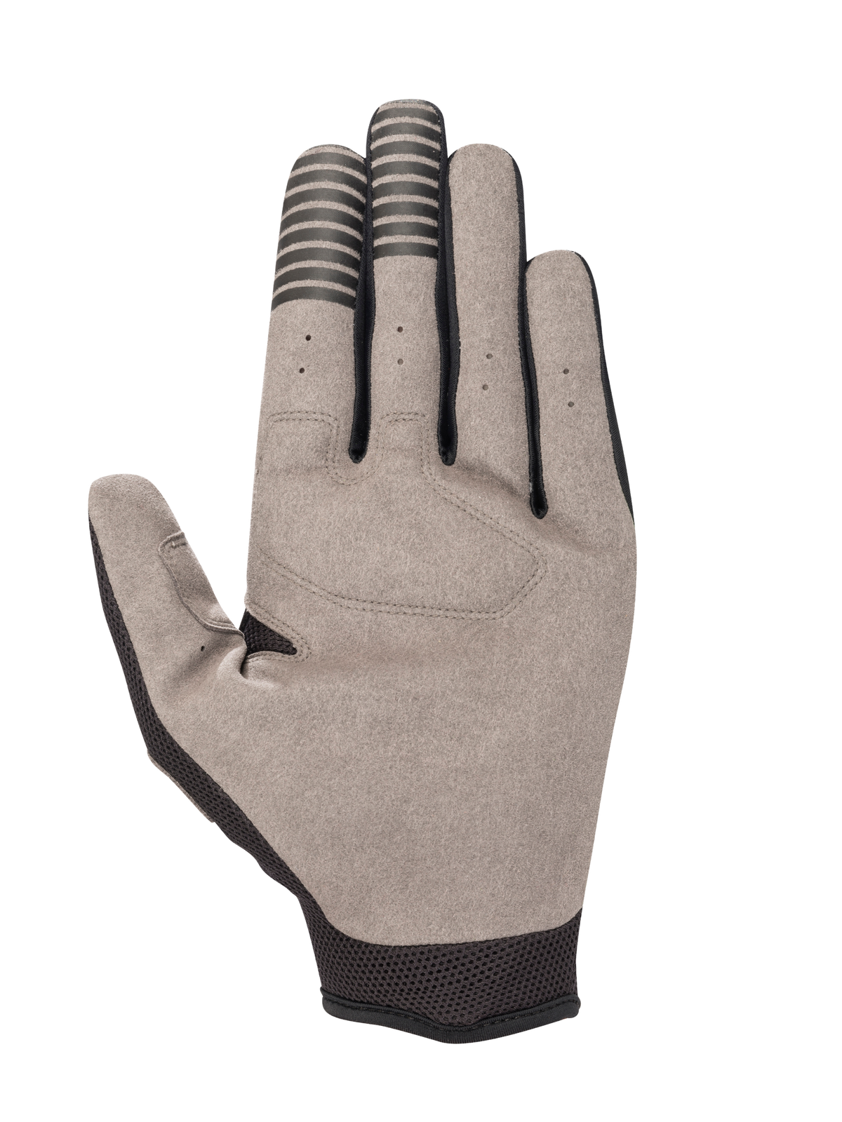 Alpinestars Engine Handschuhe, Handflächenansicht, graues synthetisches Wildleder mit schwarzen leitfähigen Fingerstreifen, schwarzes Mesh-Bündchen, Mechaniker- und Karting-Handschuh-Detail.