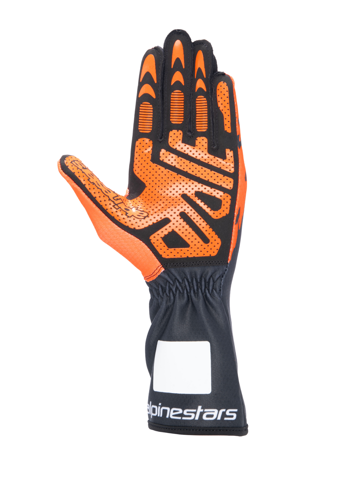 Alpinestars Tech-1 K V3 karthandschoenen, zwart en oranje, palmweergave met gedetailleerd siliconen grippatroon, lange manchet met wit Alpinestars-logo, ergonomisch ontwerp voor karten