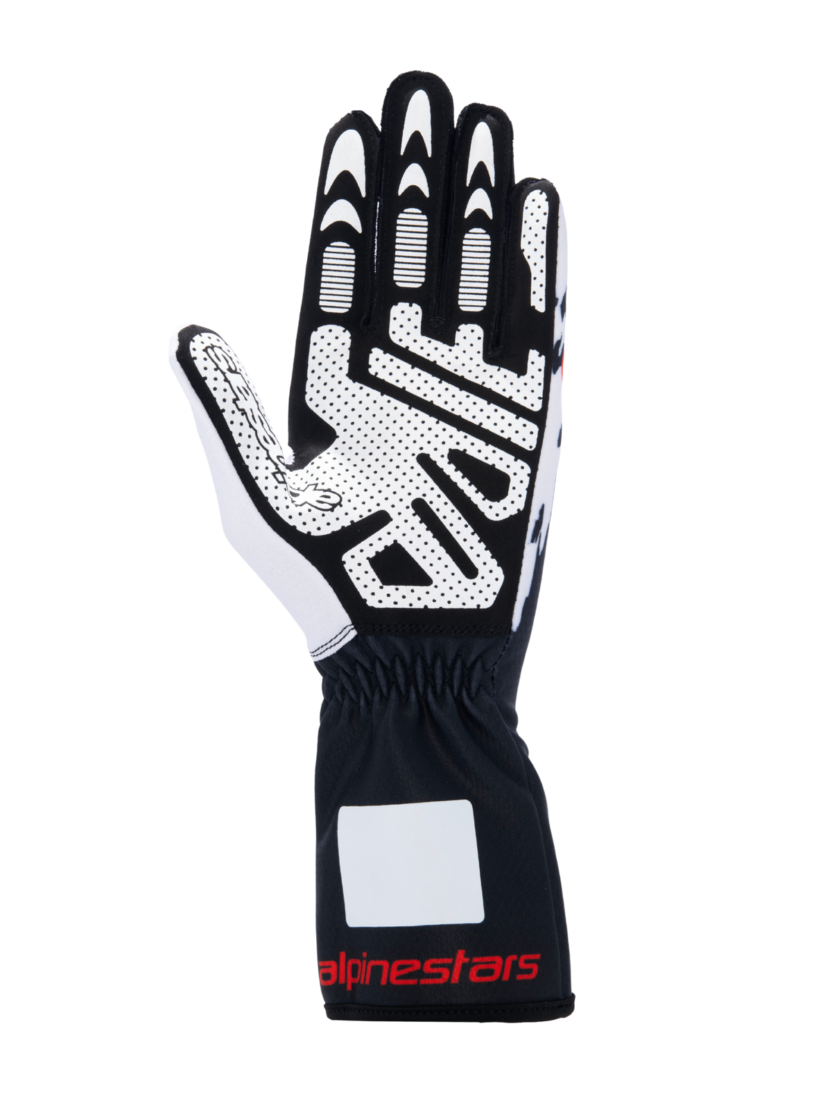 Gants Alpinestars Tech-1 K V3, gants de karting, noir, blanc et rouge, vue de la paume avec impression en silicone haute adhérence, cuir suédé synthétique, manchette avec marquage rouge, équipement de karting professionnel
