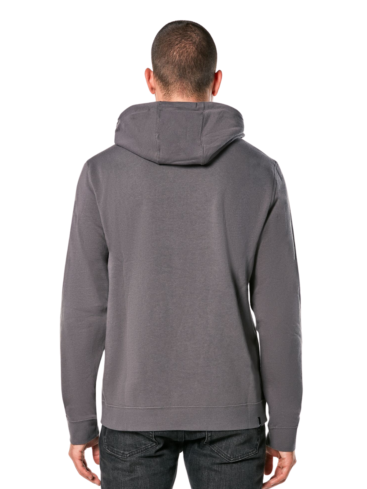 Alpinestars Ride Hoodie V 3, vue de dos d'un sweat à capuche gris anthracite, vêtement de sport décontracté avec capuche, manches longues, poignets et ourlet côtelés